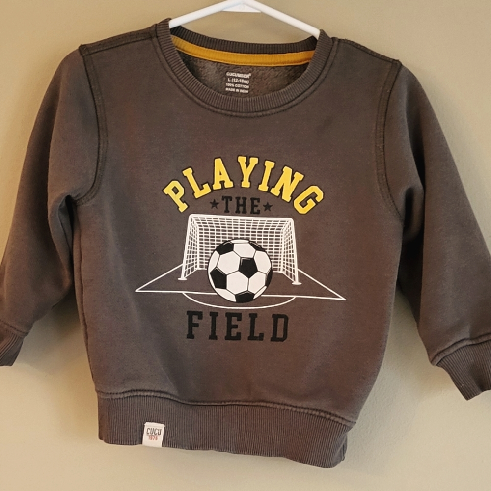 "Playing the Field" dark grey soccer themed crew neck sweatshirt